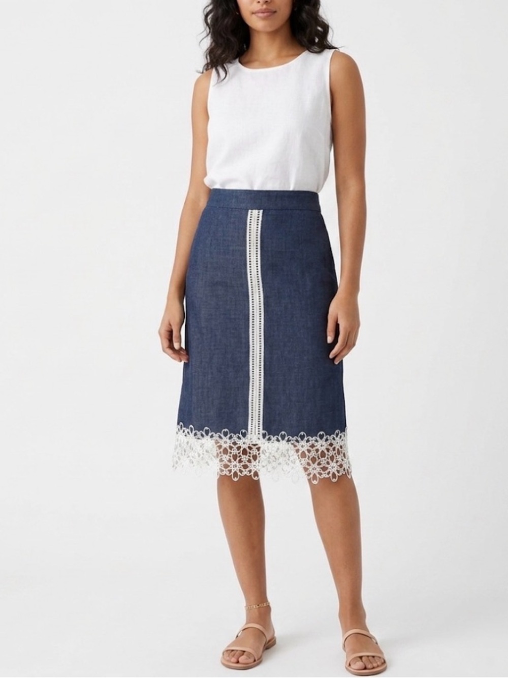 KARL LAGERFELD PARIS White Crochet Trim Blue Denim Skirt A-line